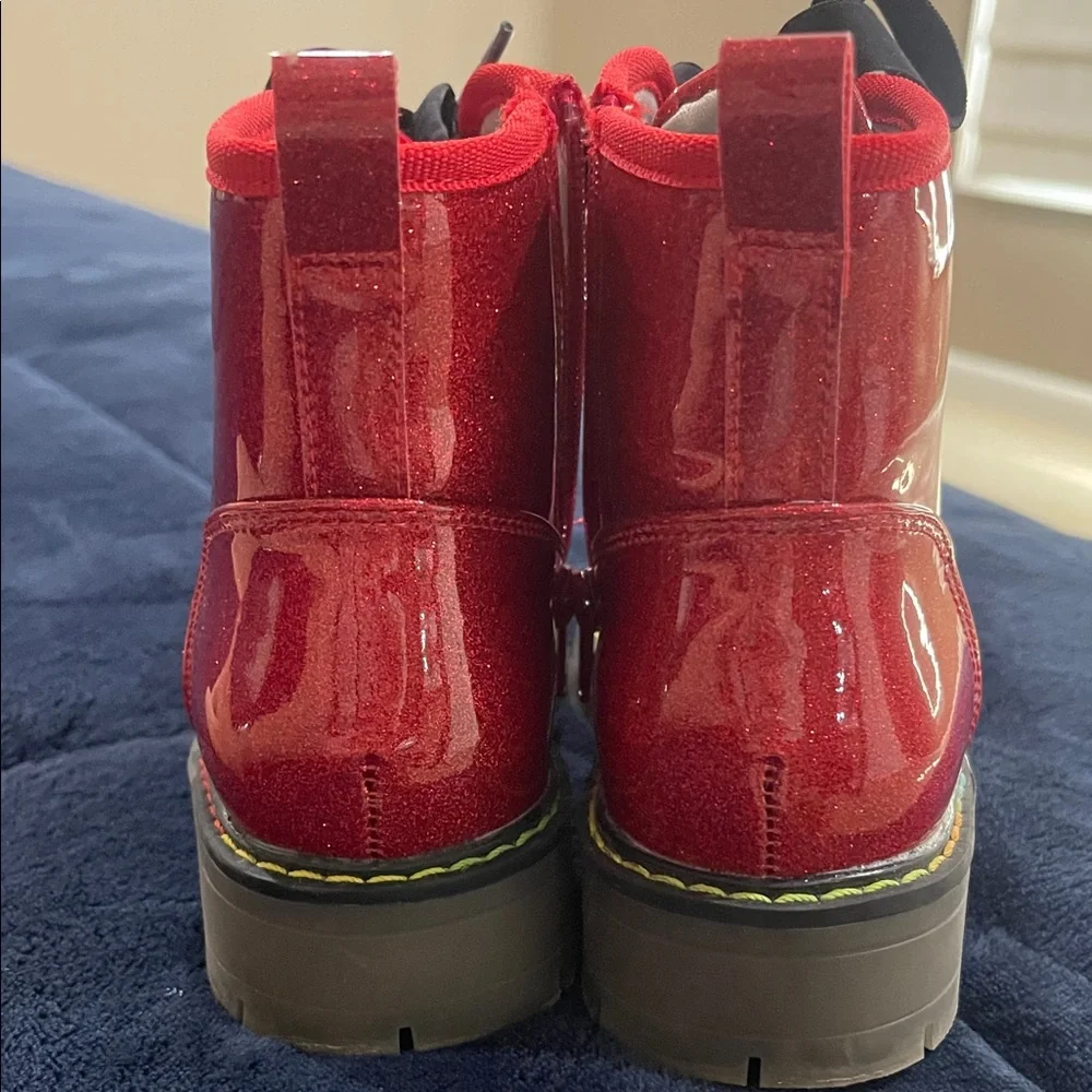 Dream Pairs Red Glitter Kids Boots with Black Velvet Laces